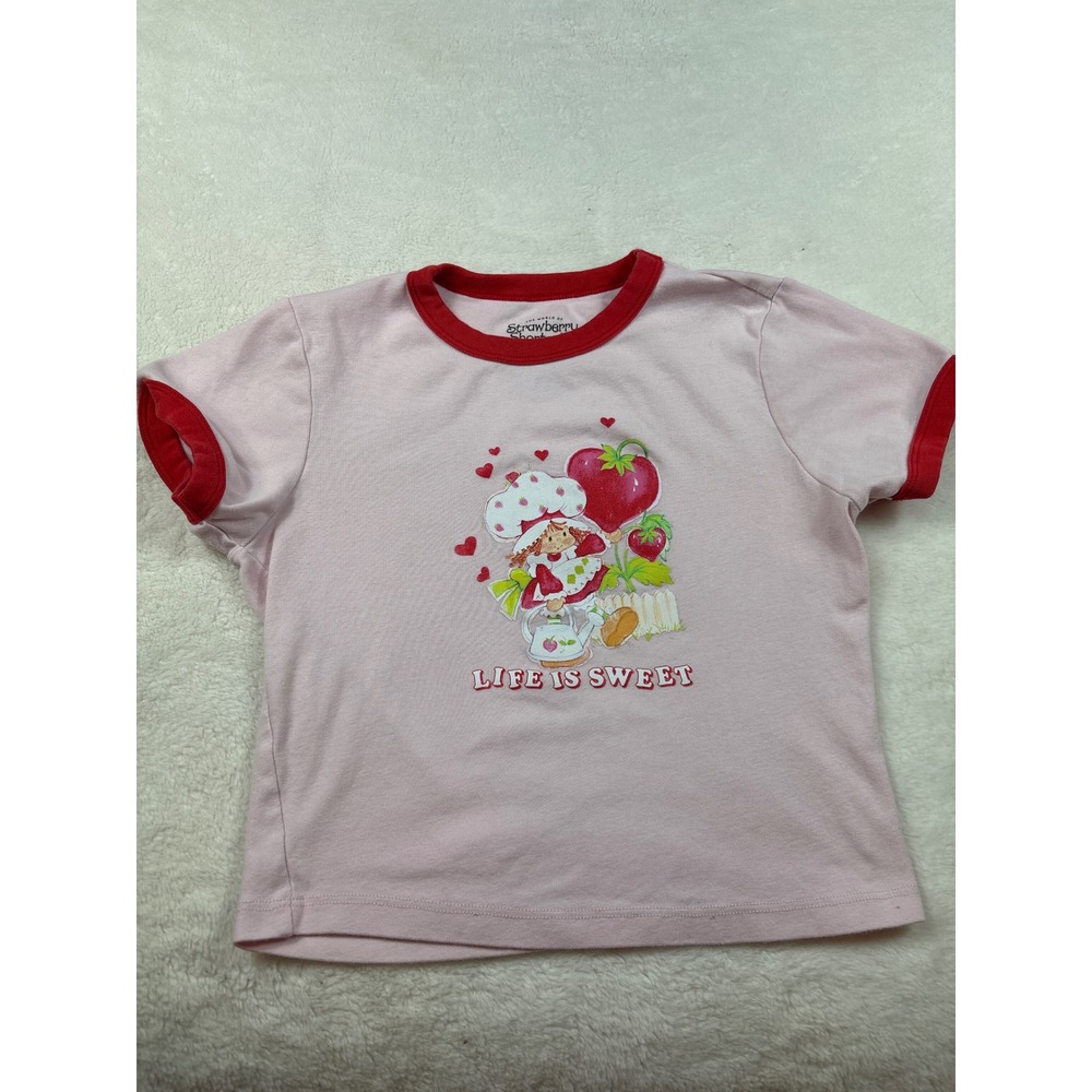 Strawberry Shortcake Life is Sweet Pink Ringer Tee Graphic T-Shirt Womens Medium